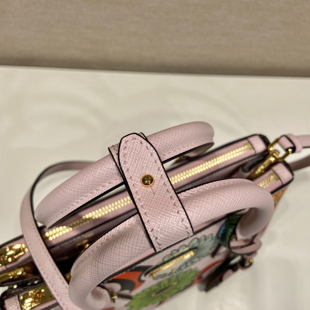 Prada Small Galleria Printed Saffiano Leather Bag Tote Shoulder Bag Pink 1BA896 